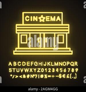 Cinema neon symbols Vector. Glowing sign dark background. Shinning ...