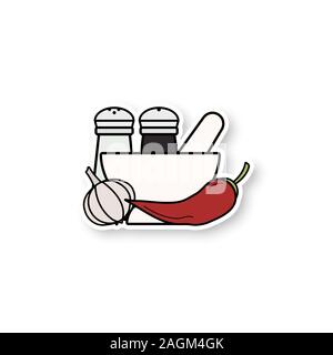Spices patch. Color sticker. Salt and pepper shakers, garlic, chili, mortar and pestle. Vector isolated illustration Stock Vector