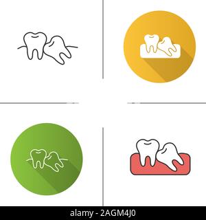 Crooked teeth icon. Malocclusion. Wisdom tooth problem. Flat design, linear and color styles. Isolated vector illustrations Stock Vector
