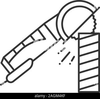Angle grinder machine polishing wooden plank linear icon. Thin line illustration. Contour symbol. Vector isolated outline drawing Stock Vector