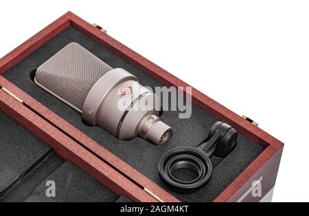 Large diaphragm condenser studio microphone Neumann tlm 103 on a white background. Stock Photo