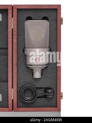 Large diaphragm condenser studio microphone Neumann tlm 103 on a white background. Stock Photo