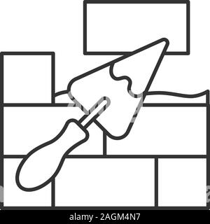 Brick wall with triangular shovel linear icon. Thin line illustration. Putty knife, spatula. Cement solution. Contour symbol. Vector isolated outline Stock Vector
