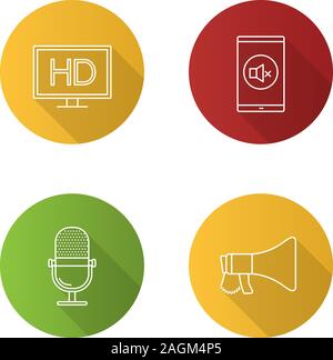 Cinema flat linear long shadow icons set. HD display, mute mode, microphone, megaphone. Vector outline illustration Stock Vector