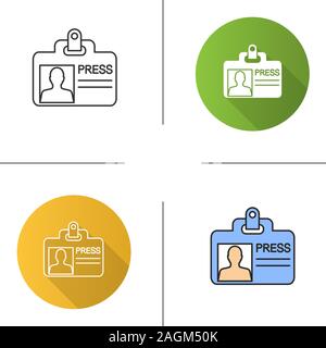 Press ID card icon. Journalist badge. Flat design, linear and color styles. Isolated vector illustrations Stock Vector