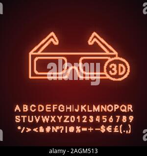 3D glasses neon light icon. Polarized anaglyph glasses. Glowing sign with alphabet, numbers and symbols. Vector isolated illustration Stock Vector
