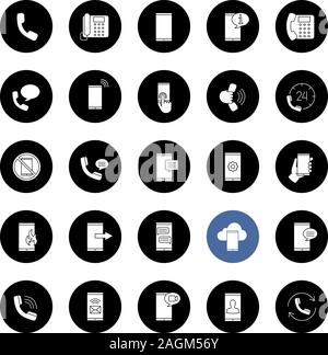 Phone communication glyph icons set. Smartphone calls, messages, hotline, mobile cloud computing. Vector white silhouettes illustrations in black circ Stock Vector