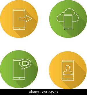 Phone communication flat linear long shadow icons set. Data transfer, smartphone cloud storage, video message, smartphone user. Vector outline illustr Stock Vector