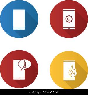 Phone communication flat design long shadow glyph icons set. Smartphone, cell phone settings, info chat, fire emergency calling. Vector silhouette ill Stock Vector