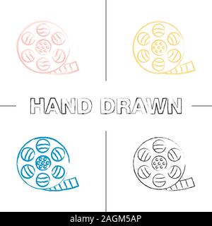 Filmstrip roll hand drawn icons set. Movie reel. Color brush stroke. Isolated vector sketchy illustrations Stock Vector