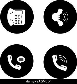 Phone communication glyph icons set. Landline phone, handset in hand, incoming call, voice message. Vector white silhouettes illustrations in black ci Stock Vector