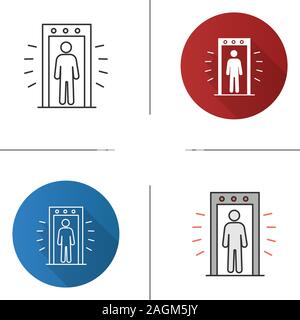 Signaling portal metal detector icon. Airport security scanner with person inside. Flat design, linear and color styles. Isolated vector illustrations Stock Vector