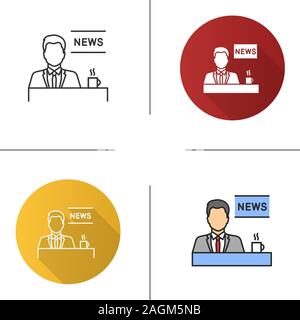 TV presenter icon. Newscaster. Morning news. Flat design, linear and color styles. Isolated vector illustrations Stock Vector