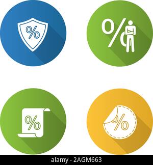 Percents flat design long shadow glyph icons set. Safe investment, businessman, financial document, sale. Vector silhouette illustration Stock Vector