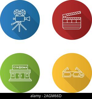 Cinema flat linear long shadow icons set. Movie camera, cinema building, 3D glasses, clapperboard. Vector outline illustration Stock Vector