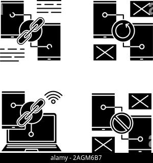 Smartphone displays glyph icons set. Link sharing, connection and synchronization error. Silhouette symbols. Vector isolated illustration Stock Vector