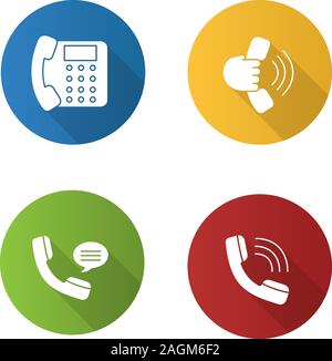 Phone communication flat design long shadow glyph icons set. Landline phone, handset in hand, incoming call, voice message. Vector silhouette illustra Stock Vector