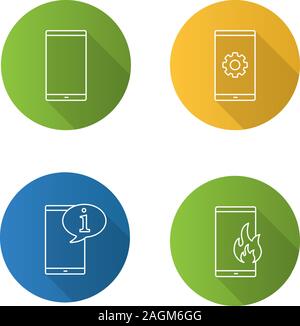 Phone communication flat linear long shadow icons set. Smartphone, cell phone settings, info chat, fire emergency calling. Vector outline illustration Stock Vector