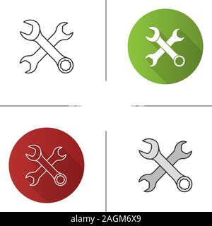 Crossed wrenches icon. Double open ended and combination spanners. Flat design, linear and color styles. Isolated vector illustrations Stock Vector
