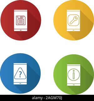 Smartphone flat design long shadow glyph icons set. Save button, settings, mobile phone FAQ, error. Vector silhouette illustration Stock Vector