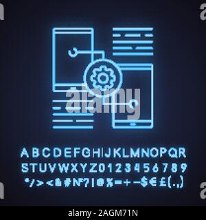 Smartphone settings neon light icon. Phones with cogwheel. Glowing sign with alphabet, numbers and symbols. Vector isolated illustration Stock Vector
