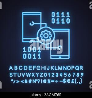 Smartphone settings neon light icon. App development. Phones with cogwheel and binary code. Glowing sign with alphabet, numbers and symbols. Vector is Stock Vector