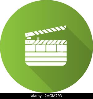 Clapperboard flat design long shadow glyph icon. Time code slate. Vector silhouette illustration Stock Vector