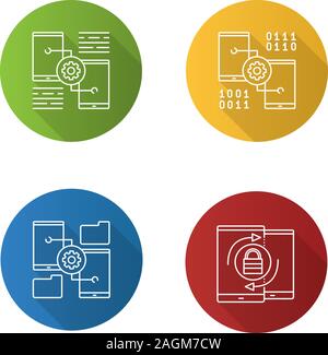 Smartphone displays flat linear long shadow icons set. Mobile phone settings, security synchronization, file manager. Vector outline illustration Stock Vector
