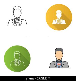 TV presenter icon. News reporter with microphone. TV host. Flat design, linear and color styles. Isolated vector illustrations Stock Vector