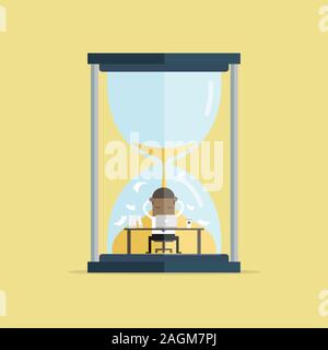 African businessman work hard at computer over big sand watch deadline concept. vector Stock Vector