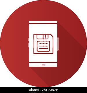 Smartphone screen with save button flat design long shadow glyph icon. Data saving. Vector silhouette illustration Stock Vector