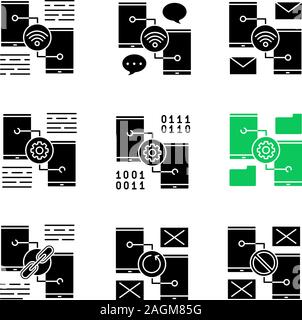 Smartphone glyph icons set. Wifi, chatting, e-mail, settings, file manager, link sharing, no signal, synchronization error. Silhouette symbols. Vector Stock Vector