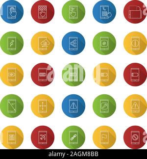 Smartphone flat linear long shadow icons set. Internet connection, data transfer, apps, communication. Vector outline illustration Stock Vector