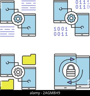 Smartphone displays color icons set. Mobile phone settings, security synchronization, file manager. Isolated vector illustrations Stock Vector