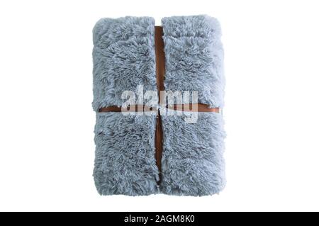 Gray fur plaid wrapped in brown ribbon. White isolate. Stock Photo