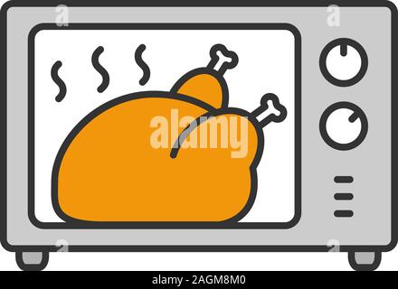 Whole chicken grilling in microwave oven color icon. Thanksgiving turkey. Isolated vector illustration Stock Vector