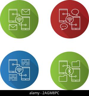 Smartphone connection flat linear long shadow icons set. Chatting, sending e-mail, wifi data transfer. Vector outline illustration Stock Vector