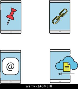 Smartphone color icons set. File attach, link, e-mail, cloud storage. Isolated vector illustrations Stock Vector