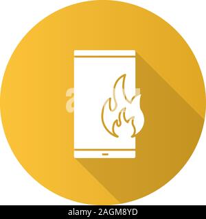 Fire emergency calling flat design long shadow glyph icon. Broken phone. Deadline. Smartphone with flame. Vector silhouette illustration Stock Vector
