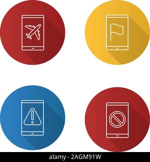 Smartphone apps flat linear long shadow icons set. Flight mode, GPS navigator, error, no signal sign. Vector outline illustration Stock Vector