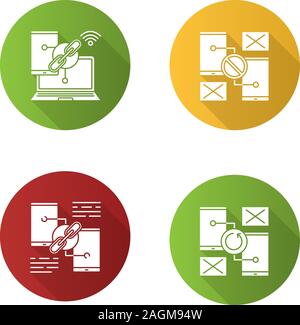 Smartphone displays flat design long shadow glyph icons set. Link sharing, connection and synchronization errors. Vector silhouette illustration Stock Vector
