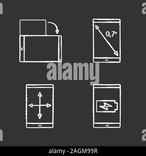 Smartphone chalk icons set. Display inch size, screen rotation and resize, battery charging. Isolated vector chalkboard illustrations Stock Vector