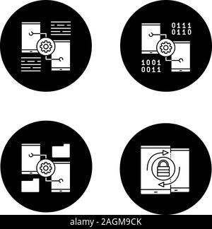 Smartphone displays glyph icons set. Mobile phone settings, security synchronization, file manager. Vector white silhouettes illustrations in black ci Stock Vector