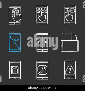 Smartphone chalk icons set. Touchscreen, keypad, drag gesture, display rotation, inch size, screen resize, save button, settings, FAQ. Isolated vector Stock Vector