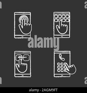 Smartphone touchscreen chalk icons set. Double tap touch and drag gesture, phone number dialing, keypad. Isolated vector chalkboard illustrations Stock Vector