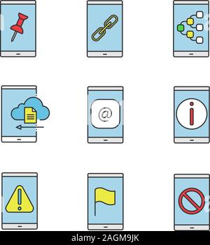 Smartphone color icons set. File attach, link, content sharing, cloud storage, e-mail, info, error, GPS navigation, no signal. Isolated vector illustr Stock Vector