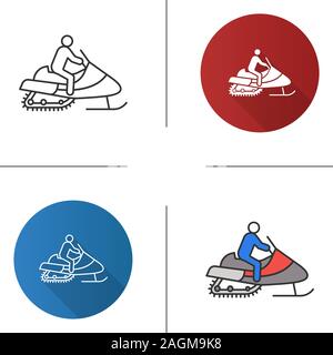 Man driving snowmobile icon. Motor sled driver. Flat design, linear and color styles. Isolated vector illustrations Stock Vector
