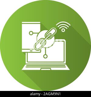 Link sharing flat design long shadow glyph icon. Wifi sharing. Smartphone and computer connection. Vector silhouette illustration Stock Vector
