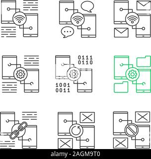 Smartphone linear icons set. Wifi, chatting, e-mail, settings, file manager, link sharing, no signal, synchronization error. Thin line contour symbols Stock Vector