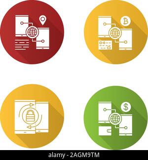Smartphone flat design long shadow glyph icons set. Bitcoin and dollar digital wallets, GPS navigation, security synchronisation. Vector silhouette il Stock Vector
